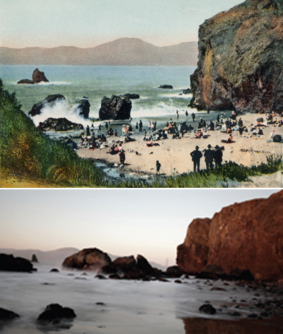 Top: Colored postcard of postcard of people on people. Bottom: Rocky beach with bridge in background.