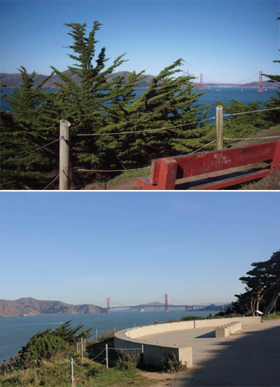 Top: Benches overlooking trees and bay with bridge in background Bottom: Designed concrete overlook with bay and bridge in background.