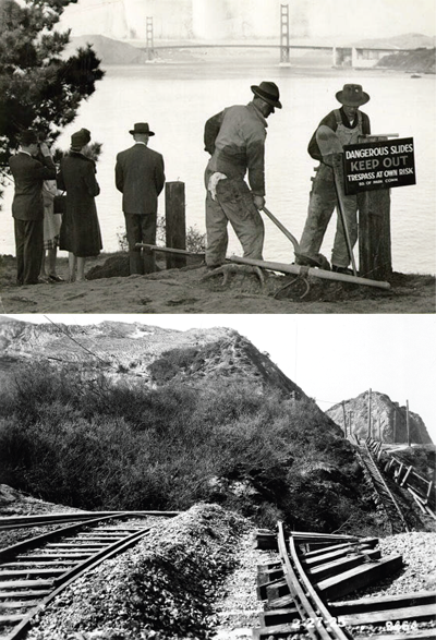 Top: Men installing sign on hill. Bottom: Twisted railroad tracks.