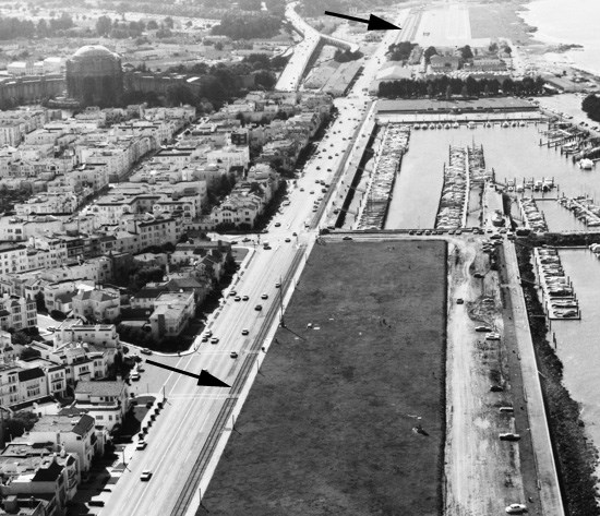 Aerial view of Marina Green with arrows showing the original railroad tracks. Notice the Palace of Fine Arts in the background. (photo circa 1968)