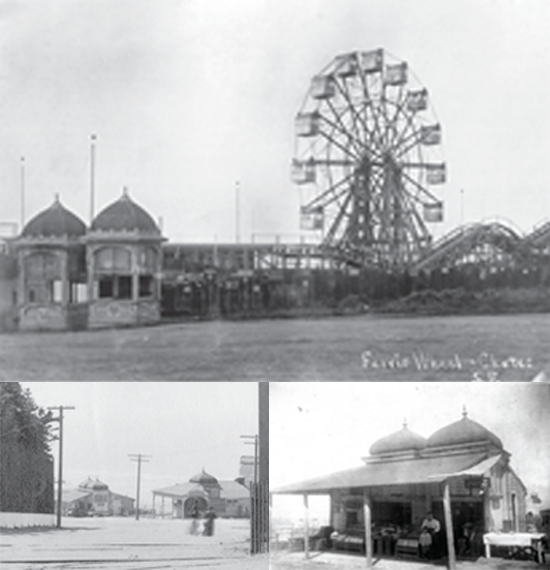 Top: Two ornate wooden stands with Ferris wheel in background. Lower Left: Family in front of wooden fruit stand with onion dome shaped root. Lower right: View looking down street with wood frame restaurants.