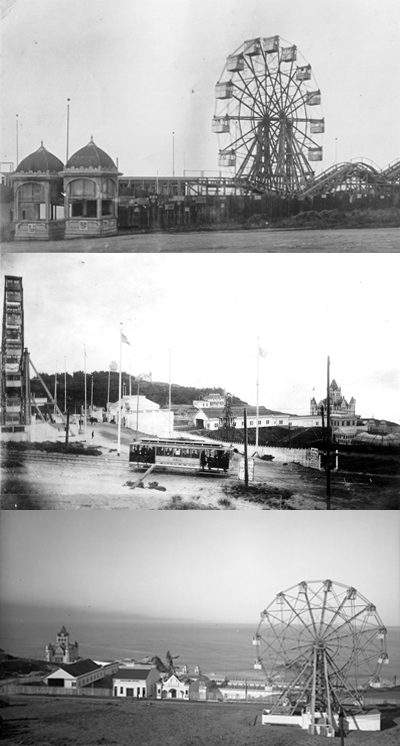 Top: The Firth Wheel and Scenic Railway, ca. 1895-1910; Middle: Sutro Railroad car headed past the Firth Wheel with Haunted Swing building, ca. 1895-1907; Bottom: The Firth Wheel with Sutro Baths and the Cliff Housein, ca. 1895-1907.