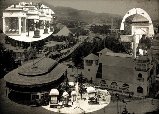 photo highlighting different wooden stands at a world's fair