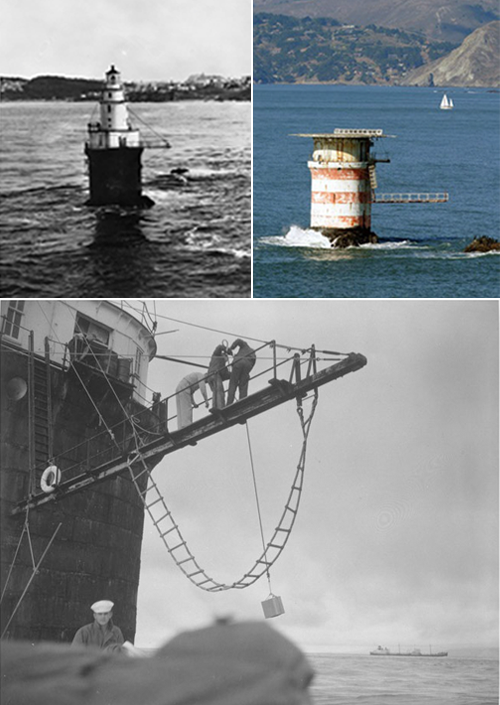 Top Left: Small lighthouse in middle of water. Top Right: Weather beaten lighthouse in bay. Bottom: Large ship loading supplies in middle of water.
