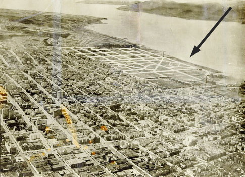 aerial of dense residential neighborhood with one area marked off