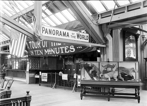 historic photo showing exhibits at Sutro Baths