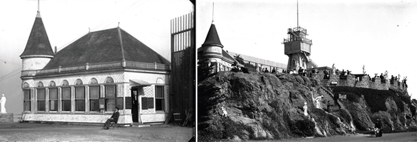 Left: Highly decorated wooden building with cone-shaped tower. Right People standing of tall cliff among statues and cannon.