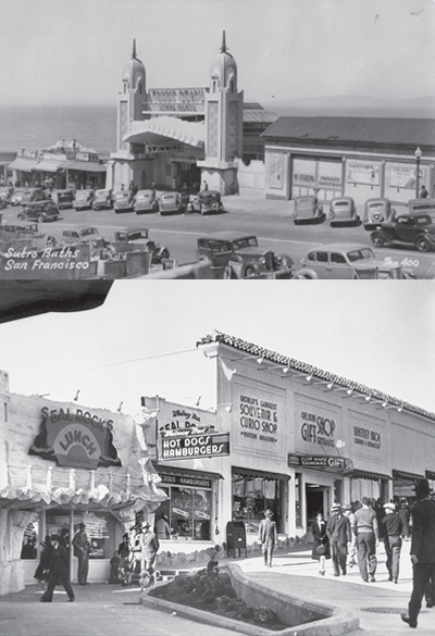 Top: View of busy streets with parked cars, restaurants and front entrance to Sutro Baths. Bottom: Busy street front of shops an restaurant.