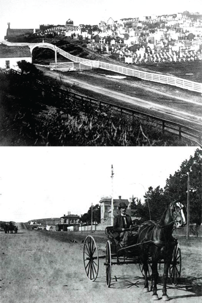 Top: Cemetery on a hill next to a white picket fence. Bottom: Formally dressed man in an old-fashioned horse & buggy.