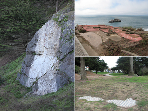 Top left: Tall rock with colored veins. Top right: Ruins of previous Sutro Bath Floor. Bottom Right: Green lawn with small patches of concrete flooring imbedded.