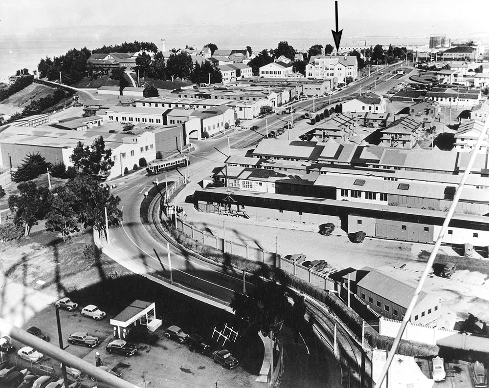 SF-Port-of-Embarkation-11C-Ft-Mason-1942 crowded cluster of large and small buildings on a hill