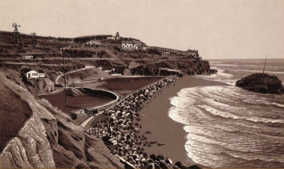 Postcard illustration of Sutro Bath ruins and beach area.