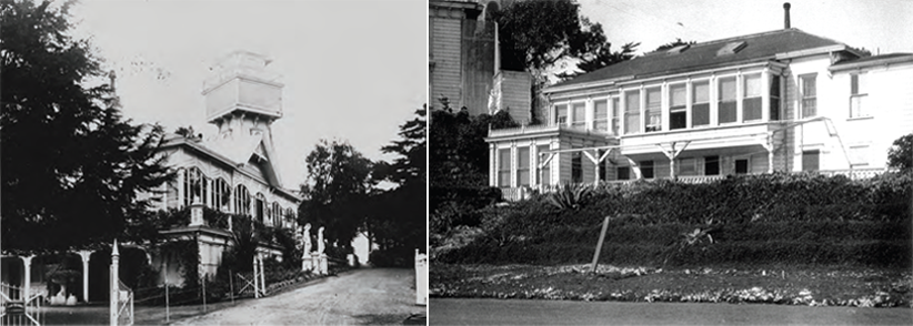 Two photographs of an ornate wooden cottage set among gardens.