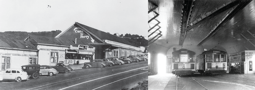 Left: Cars parked on a hill next to wooden restaurant and store fronts. Right: Interior of trolley station with two trolleys.