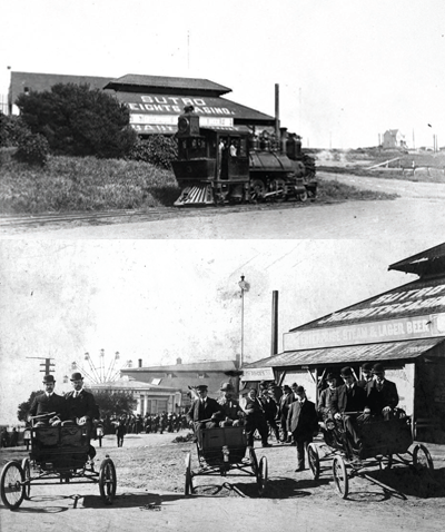 Top: Steam train in frontal large wooden building with painted roof. Bottom: Man in bowler hats in horseless buggies.
