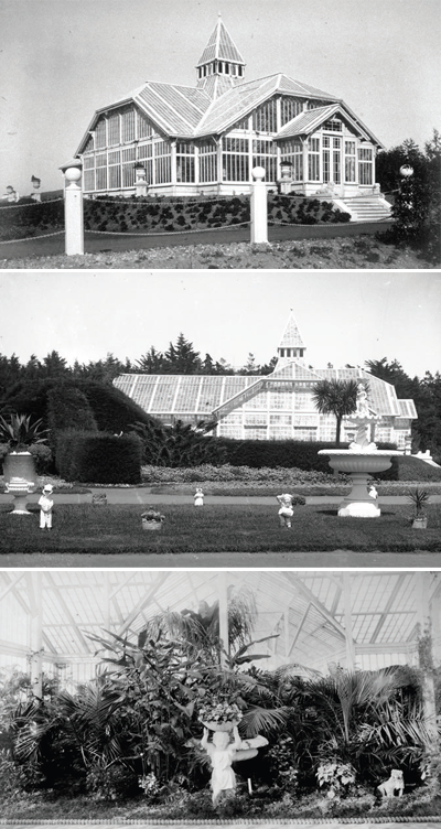Top: Ornate glass conservatory building. Middle: Large garden with glass conservatory building in background. Bottom: Lush plants and statue inside glass hot house.
