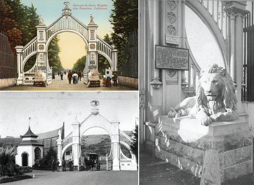 Top left: Postcard illustration of ornate gate. Right: Reclining lion statue. Bottom left: Horse and buggy standing under an ornate gate.