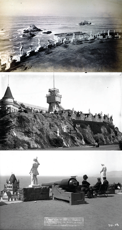 Top: Above view of cliff with statues and cannon overlooking water. Middle: Cliff decorated with statues and cannon and stone retaining wall. Bottom: Small group of people sitting in chair overlooking view of ocean.