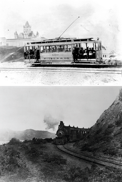 Top: People riding an open train with the Cliff House in the background. Bottom: Cliff House Railway train coming around the bend.