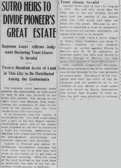 Historic newspaper clipping on the story of Sutro and his family's great estate.