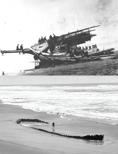 Top: People hanging on pieces of a wooden ship aground on the beach. Bottom: A view of a large hull aground on an ocean beach.