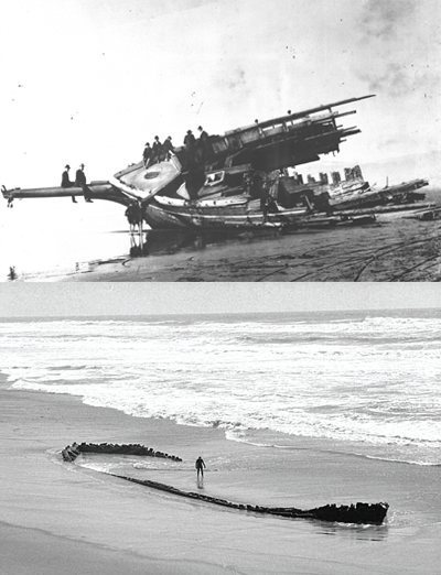 Top: People hanging on pieces of a wooden ship aground on the beach. Bottom: A view of a large hull aground on an ocean beach. Top: People hanging on pieces of a wooden ship aground on the beach. Bottom: A view of a large hull aground on an ocean beach.