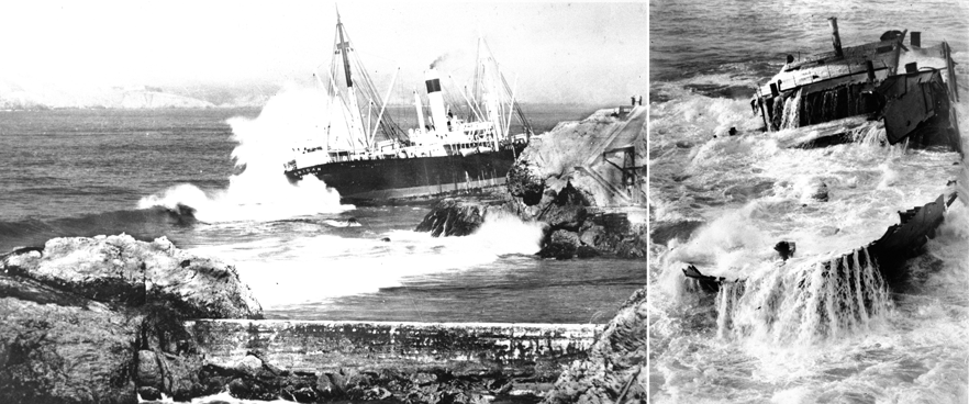 Left: Ship listing to one side with waves crashing over the stern.  Right: Waves crashing over the main body of the ship.