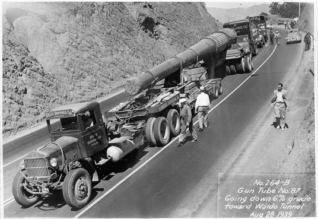 photo of a trailer transporting a 16-in gun near Waldo Grade in 1939