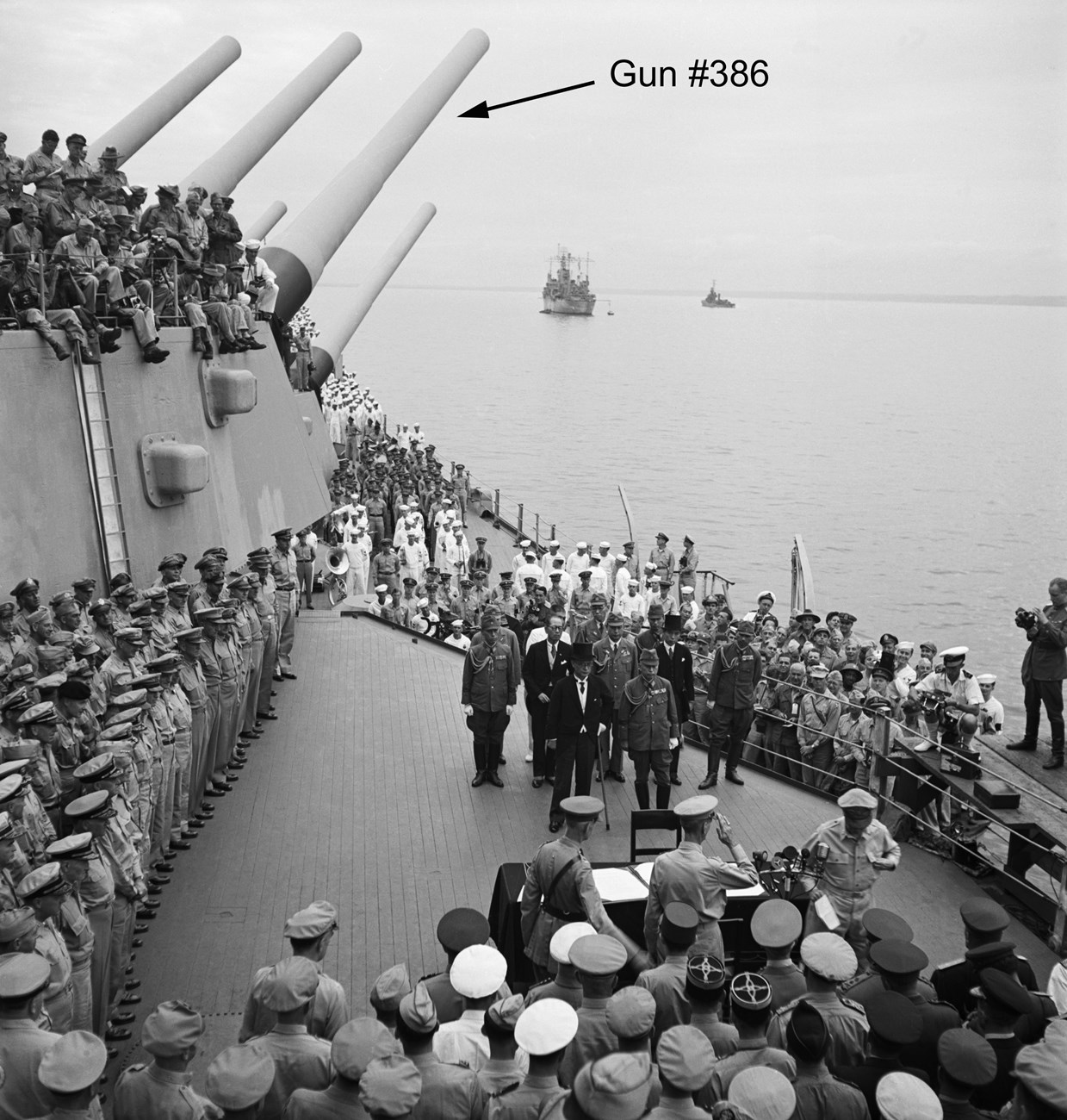 historic image of Japanese surrender on the USS Missouri, 1945