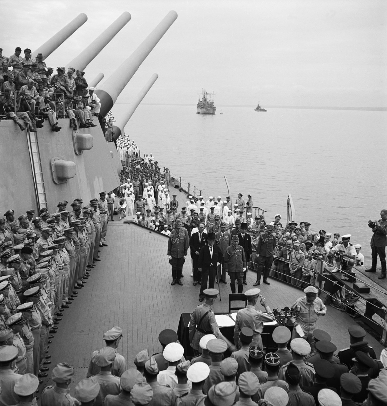 historic image of the Japanese surrender on the USS Missouri, 1945