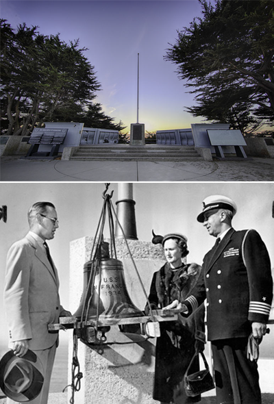 Top: View of formal memorial with concrete steps flanked by trees. Bottom: Historic image of people including a military man in uniform, installing a memorial bell.