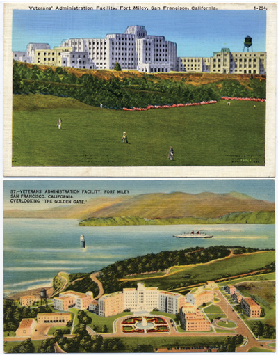 Top: Colored postcard showing large Art Deco building near golf course. Bottom: Colored postcard showing the large hospital.