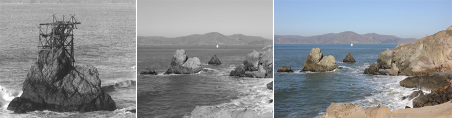 Left: Large metal structure on top of a rock. Middle: View of metal structure from beach. Right: View of rocks and beach with land in background