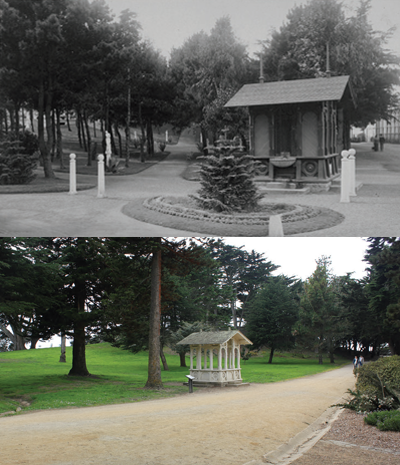 Top: Small ornate wooden building in the middle of a forest. Bottom: Contemporary image of an open-sides decorative wooden shed by the side of a garden path.