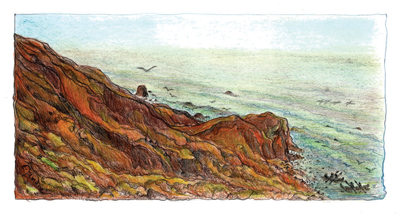 A colored pencil drawing  of a cliff with small boats on the open ocean.