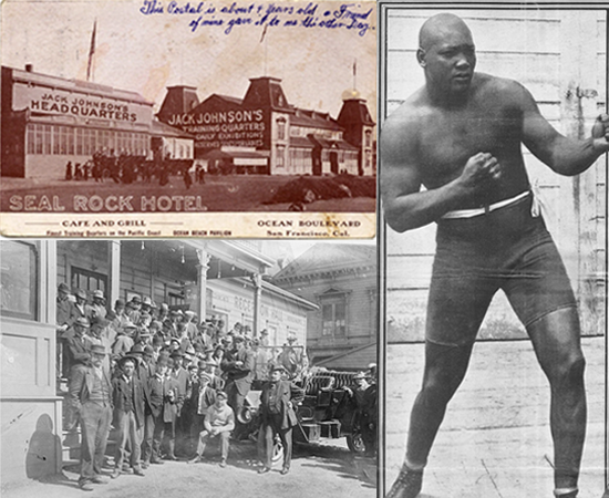 Upper left: Cluster of commercial building with large signs painted on their sides. Lower left: Large group of men assembled in front of a wooden building. Right: Large athlete during workout.