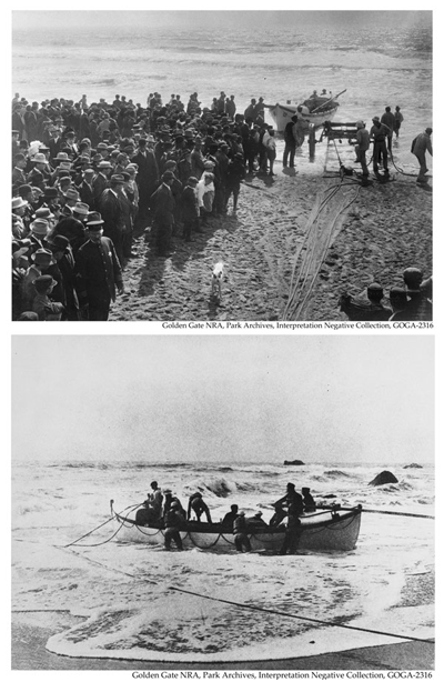Top: A crowd watches a Lifesaving Station crew training exercise; Bottom: The crew handles their boat in the surf.