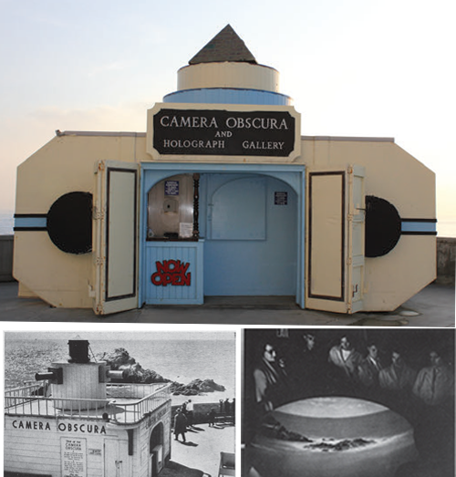 Top: Small brown and blue building with sign "Camera Obscura." Bottom left: Wooden building with "Camera Obscura" sign, located adjacent to water. Bottom right: Small group of people clustered around an image of an ocean.