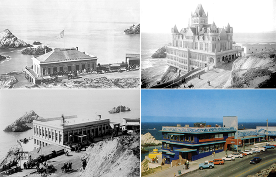 Upper left: Original 1860s Cliff House; Upper right: Victorian Cliff House; Bottom left: Third Cliff House rebuilt after 1907 fire; Bottom right: Blue Cliff House during the 1970s.lue Cliff House during the 1970s.