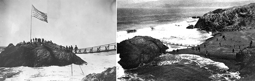 Left: Visitors walking across suspension bridge to the American flag flying on Flag Rock; Right: People on the beach during low tide with broken suspension bridge hanging above.