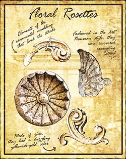zinc floral rosettes, fashioned in Art Nouveau style; the moldings that line the stands had a dazzling yellow-gold color