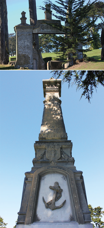 Top: Elegant stone gate with Chinese writing set among trees. Bottom: Traditional stone monument with anchor motif.