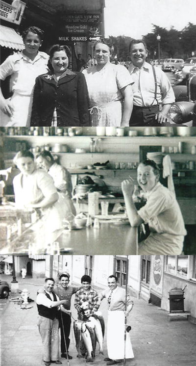 Top: A smiling family in front of a restaurant located along a busy street. Middle: Young man laughing while sitting at an old fashioned lunch counter. Bottom: Group of men with recently caught fish.