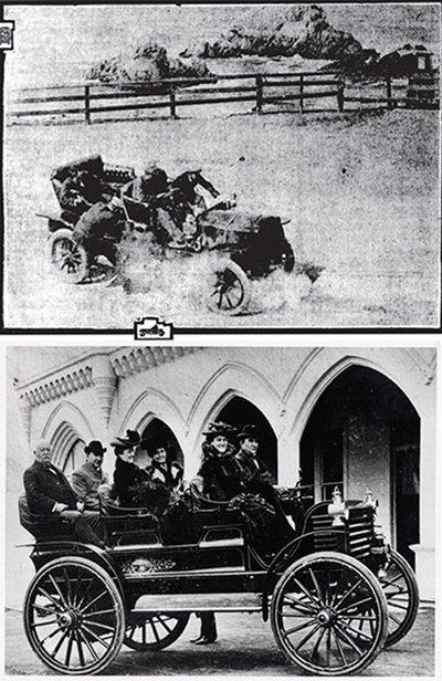 Top Men in car driving fast near the ocean. Bottom Men and women dressed in fine clothes on top.