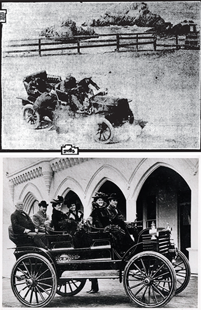 Top Men in car driving fast near the ocean. Bottom Men and women dressed in fine clothes on top. Top Men in car driving fast near the ocean. Bottom Men and women dressed in fine clothes on top.