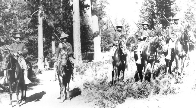 soldiers on horseback in woods