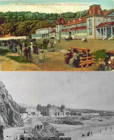 Top: Postcard of people grouped in front of ornate wooden building. Bottom: Ornate wooden building seen next to ocean beach viewed from the distance.
