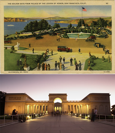 Top: Colored postcard showing open pavilion with water and bridge in background. Bottom: Elegant front entrance of classical building with long rows of columns.