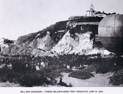 Historic photo of large group of people clustered around an anchored hot air balloon near Ocean Beach.