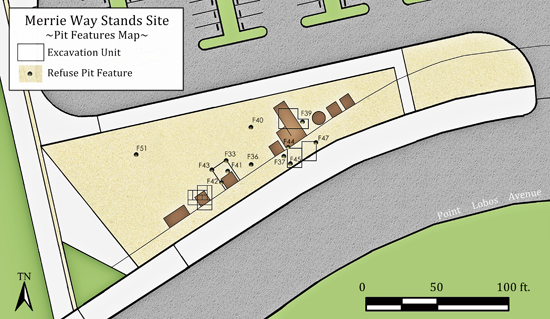 colored map showing pit features along Point Lobos Avenue
